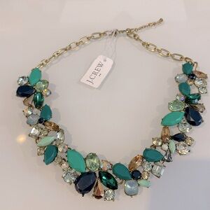 JCrew mixed crystal statement necklace, green aqua blue gold, NWT